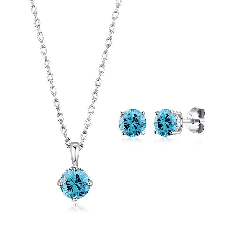 bridal hoop earrings for women -Sterling Silver March (Aquamarine) Birthstone Necklace & Earrings Set Created with Zircondia® Crystals