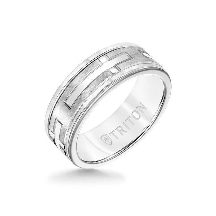 ruby rings for women -8MM White Tungsten Carbide Ring - Religious 14K White Gold Insert with Round Edge