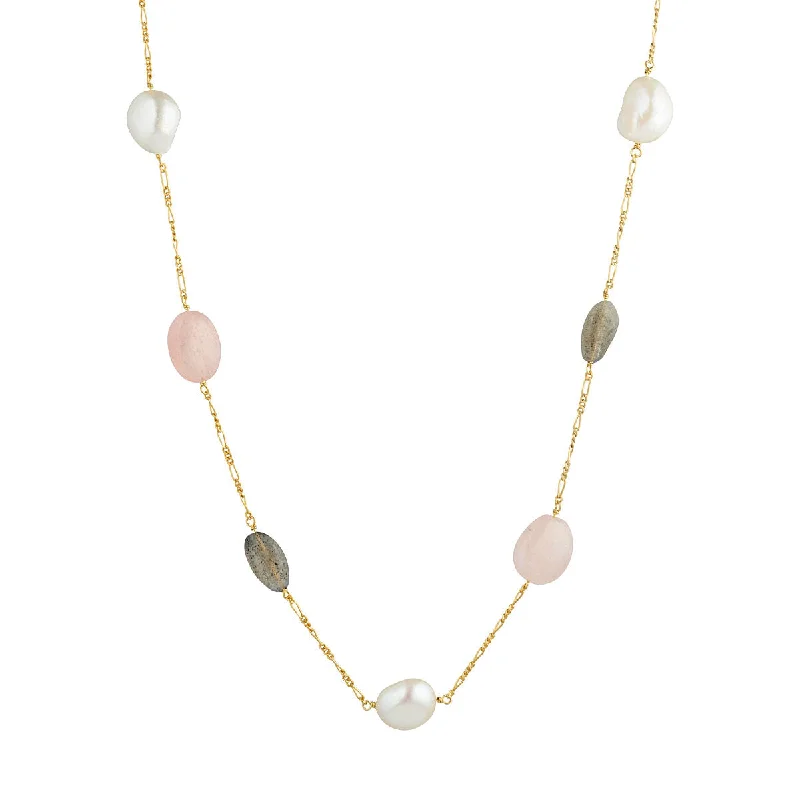 charm necklaces for women -Valentine 18K Gold Plated Necklace w. Pearls, Morganite & Laboradorite