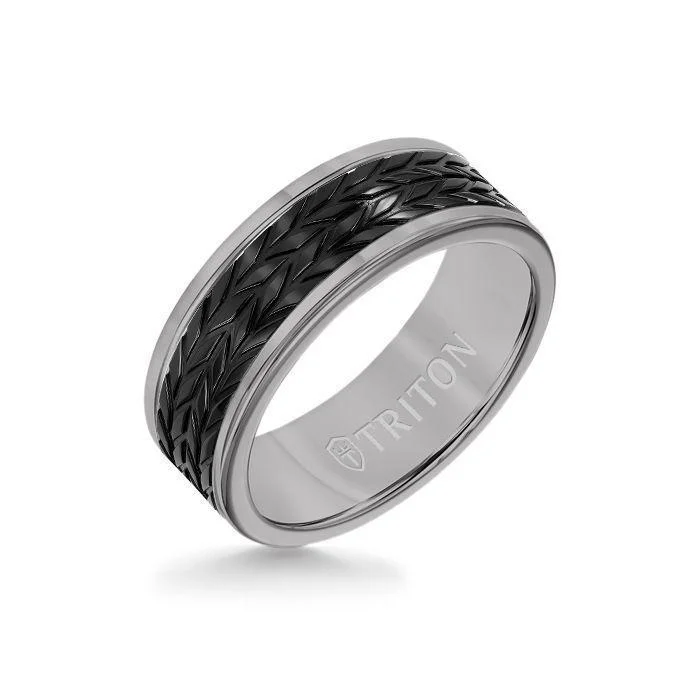 silver engagement rings -8MM Grey Tungsten Carbide Ring - Tire Tread Black Titanium Insert with Round Edge