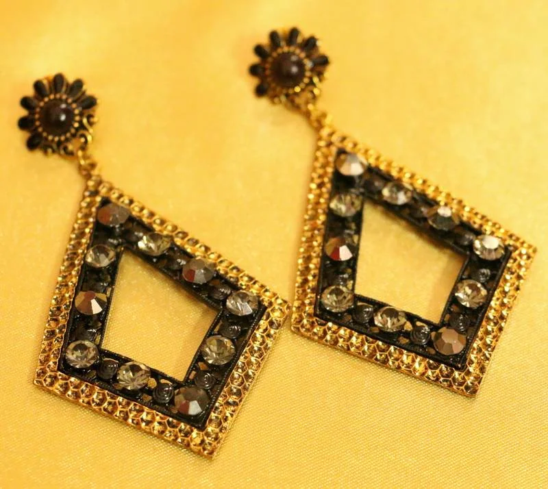 bridal earrings for women -Black Zircon Studded Gold Plated Fashion Earrings