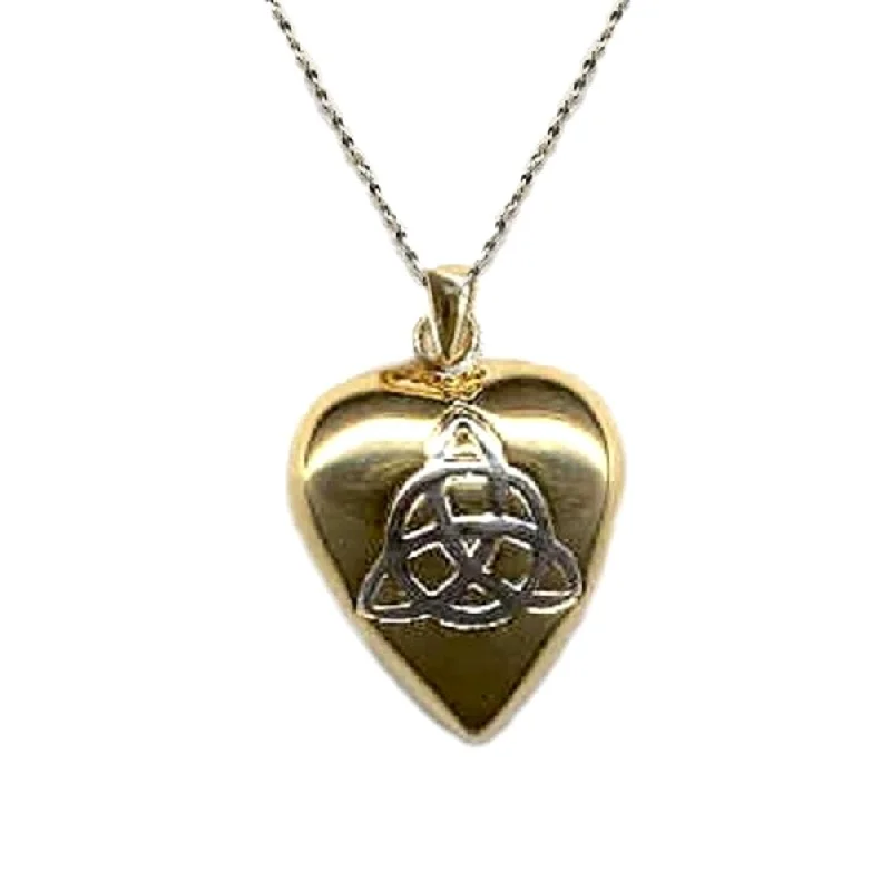 elegant pearl necklaces for brides -Heart with Celtic Triquetra Pendant Yellow Gold Bond French Rope Chain Necklace