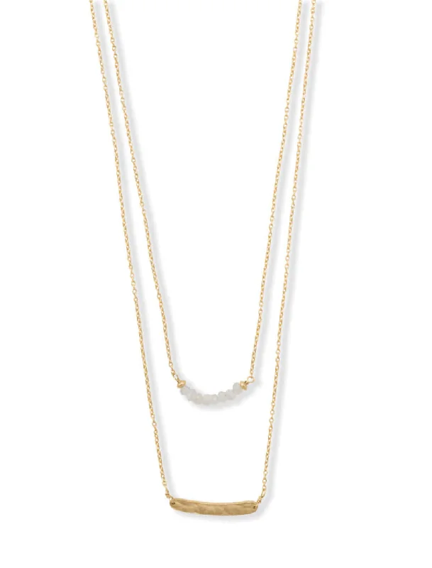 pearl chain necklaces for women -14k Gold-plated Silver Double Strand Rainbow Moonstone Curved Bar Necklace Adjustable Length