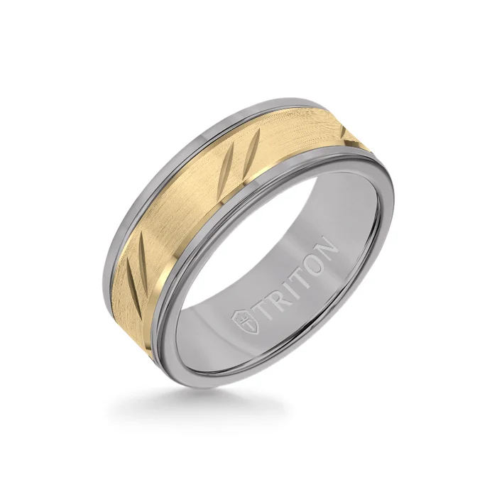 radiant cut rings for women -8MM Grey Tungsten Carbide Ring - Bevel Diagonal Cut 14K Yellow Gold Insert with Round Edge