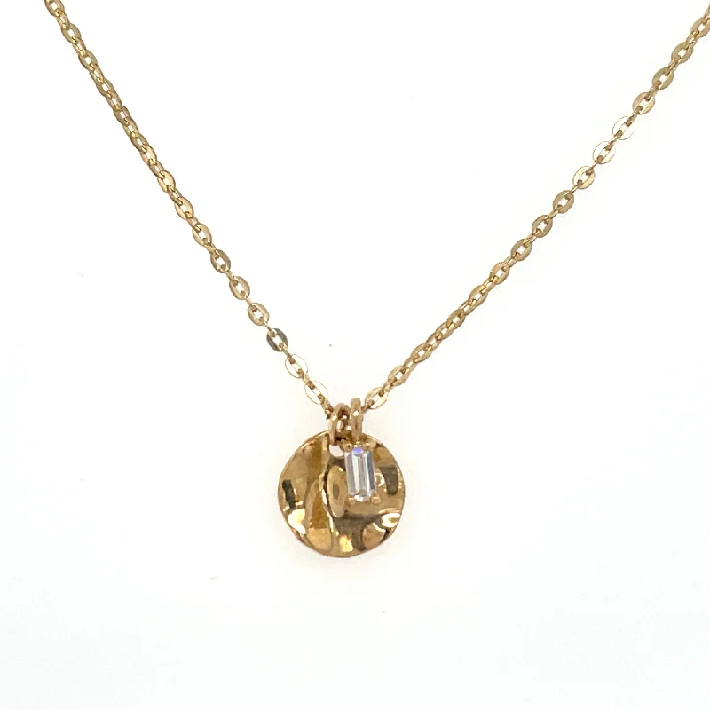 gold necklaces for women -9ct Yellow Gold Petite Hammered Disc & Cz Charm Necklace