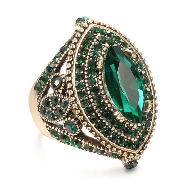 birthstone rings for women -Luxury Antique Vintage Look AAA Green Crystal Boho Gold Color Ring