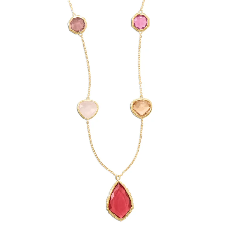 pearl chain necklaces for women -Wildfire Fashion Shades of Red and Pink Glass Station Necklace Gold-Plated Sterling Silver