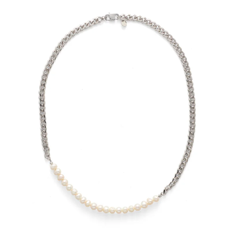 fashionable choker necklaces for women -Curb Silver Necklace w. Pearls