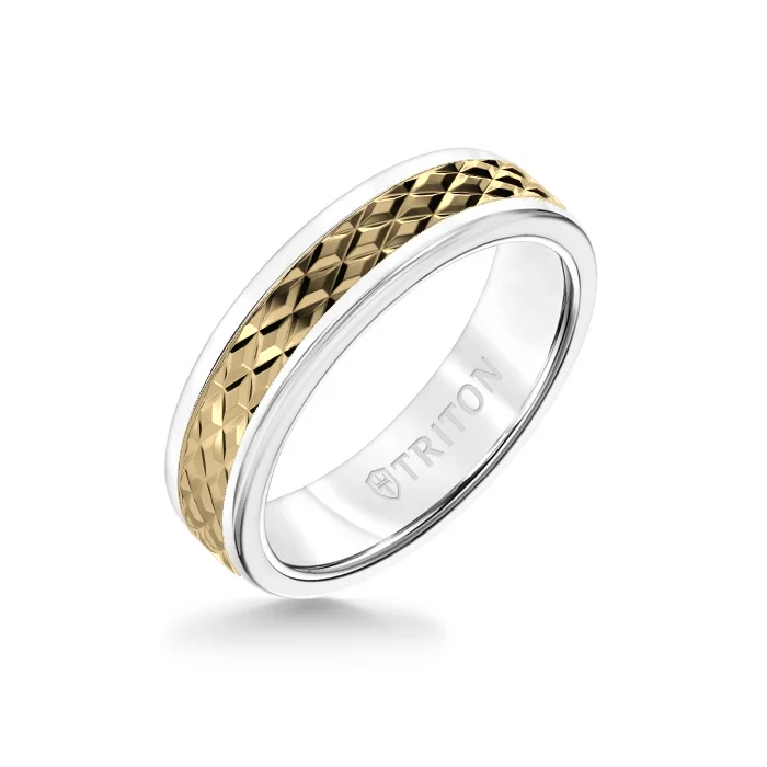 eternity rings for women -6MM White Tungsten Carbide Ring - Rhombus 14K Yellow Gold Insert with Round Edge