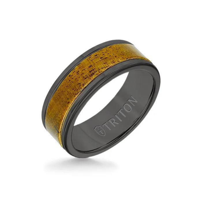 birthstone rings for brides -8MM Black Tungsten Carbide Ring - Wood Insert with Round Edge