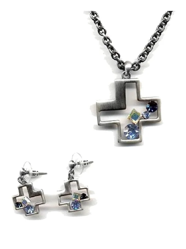 fashionable choker necklaces for women -Cross Necklace and Earring Set Antique Finish with Blue Crystals