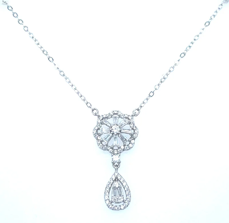 personalized pendant necklaces for women -Sterling Silver Cz Flower Necklace With Drop Pear Halo