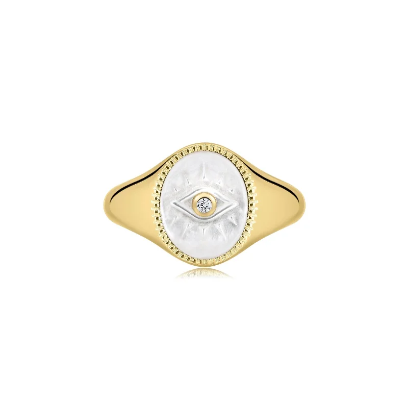 fashion rings for women -Evil Eye Signet Ring With Mop & Cz Center Stone