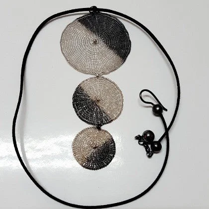 wedding necklaces for women -OXIDISED COPPER SILVER CROCHETED TRIPLE PENDANT NECKLACE ON LEATHER