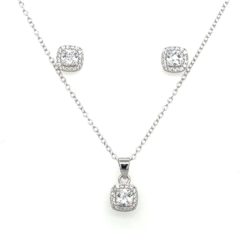 long pendant necklaces for women -Sterling Silver Cushion Cut Cz Halo Earring And Necklace Set