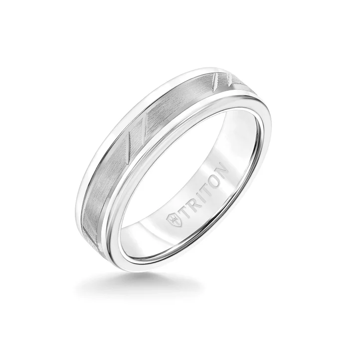 gold rings for women -6MM White Tungsten Carbide Ring - Bevel Diagonal Cut 14K White Gold Insert with Round Edge