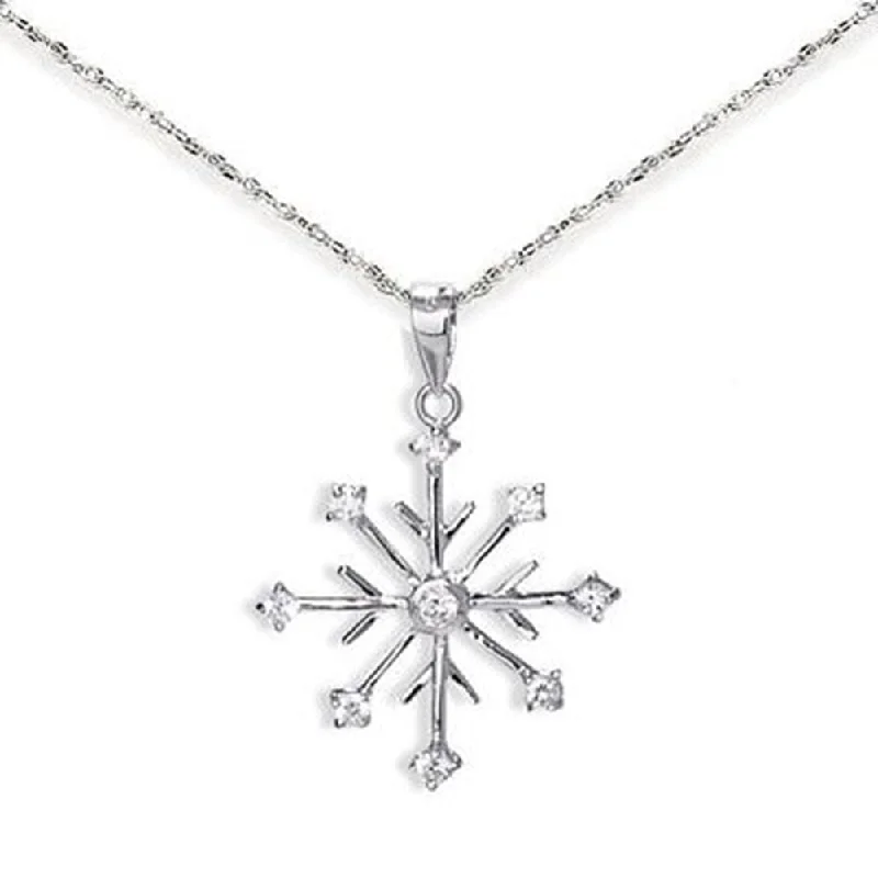 diamond pendant necklaces for women -Snowflake Necklace 8-point with 9 CZ Rhodium on Sterling Silver - Includes Chain