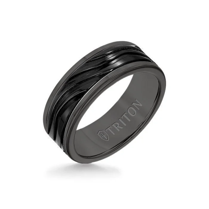 boho rings for women -8MM Black Tungsten Carbide Ring - Wave Black Titanium Insert with Round Edge