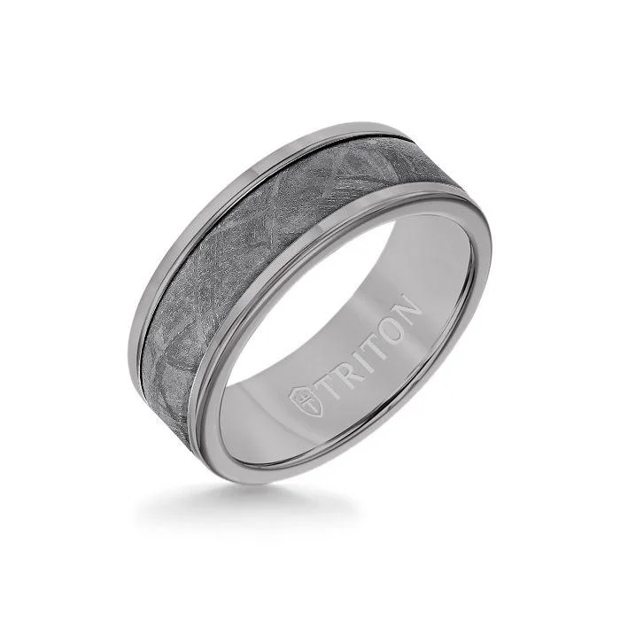 yellow gold rings for women -8MM Grey Tungsten Carbide Ring - Meteorite Insert with Round Edge