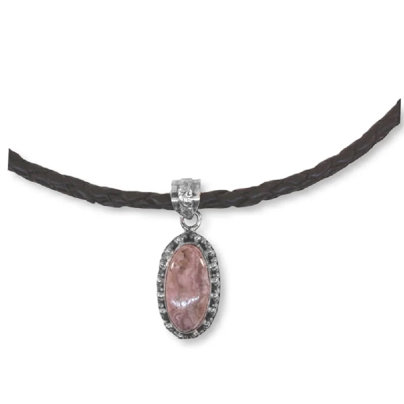 layered gemstone necklaces for women -Braided Black Leather Necklace with Pink Rhodochrosite Pendant