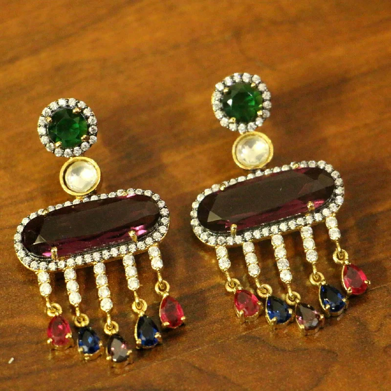 luxurious gold earrings for women -Multicolor American Diamonds Onyx Yellow Gold Danglers Drops