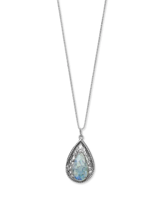 bold necklaces for women -Ancient Roman Glass Necklace Teardrop Shape with Filigree and Rope Design Sterling Silver