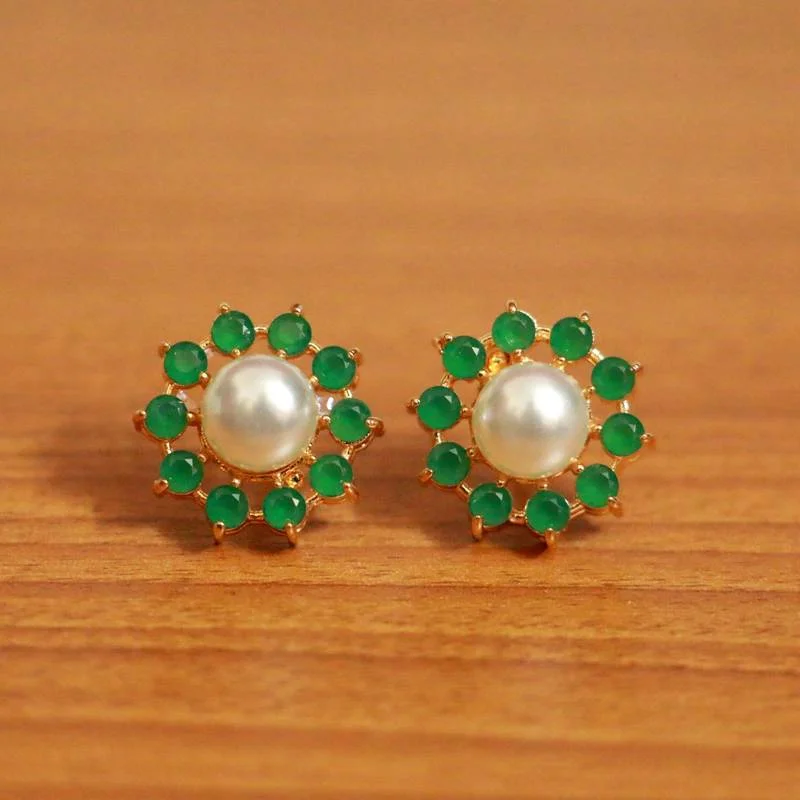 flower earrings for women -Green Emerald & Pearl Cubic Zirconia Studs