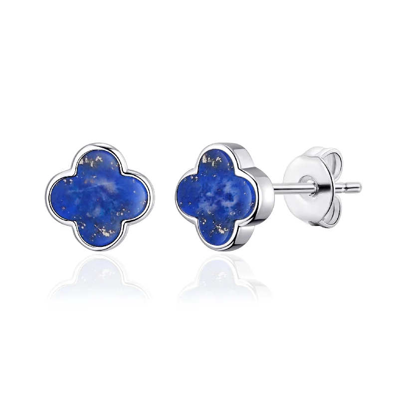 silver dangle earrings for women -Lapis Gemstone Clover Earrings