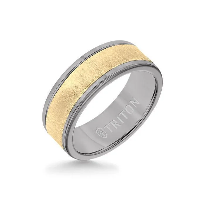 engraved rings for women -8MM Grey Tungsten Carbide Ring - Vertical Satin 14K Yellow Gold Insert with Round Edge