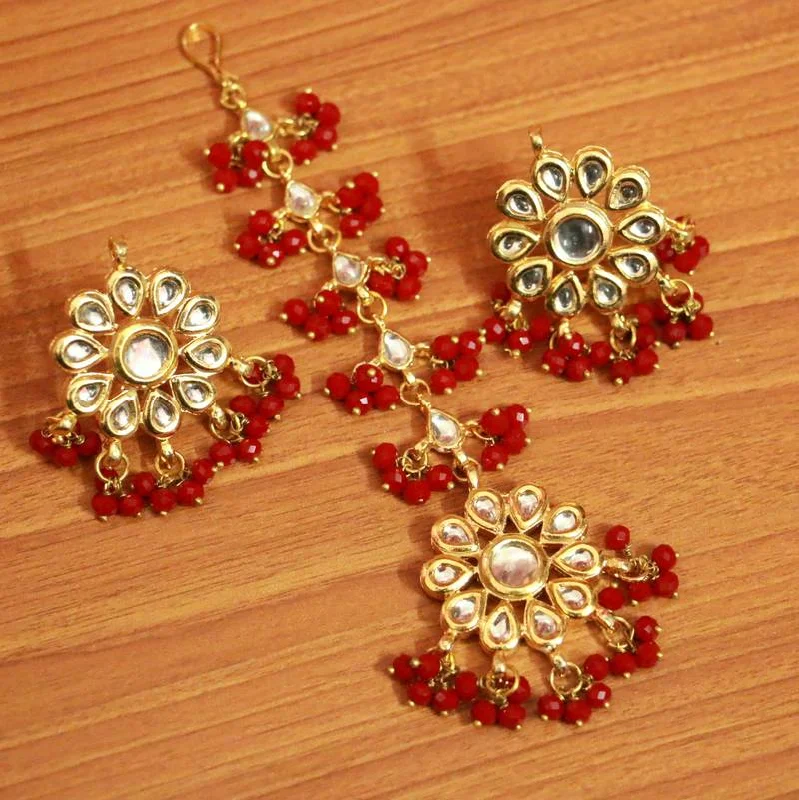 chunky earrings for women -Red Crystal Kundan Meenakari Tikka With Earrings