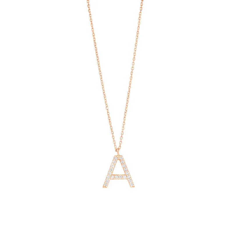 diamond pendant necklaces for women -Pave Letter A 18K Rose Gold Necklace w. Diamonds