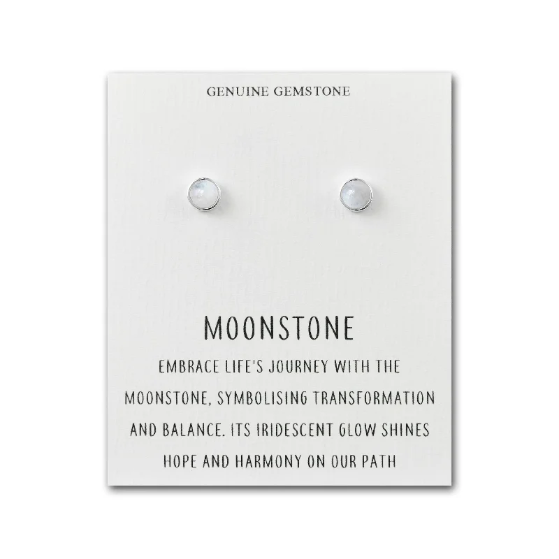 silver stud earrings for women -Moonstone Stud Earrings with Quote Card