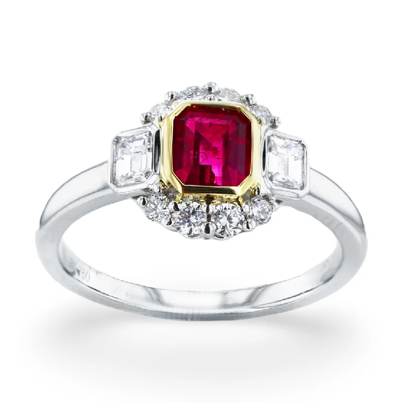 pearl rings for women -JULEVE PLATINUM & GOLD 0.44CT RED EMERALD & 0.46CTW DIAMOND 3-STONE RING