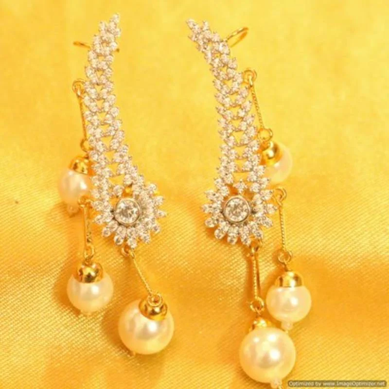 cute earrings for women -Diamond Look Pearl Earcuffs