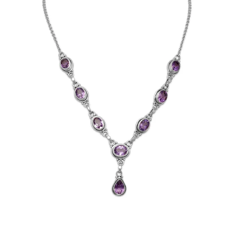 minimalistic silver necklaces for women -Amethyst Oval and Pear Shape Sterling Silver 8-stone Y-style Necklace