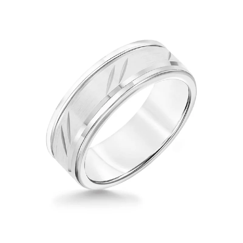 heart-shaped rings for women -8MM White Tungsten Carbide Ring - Bevel Diagonal Cut 14K White Gold Insert with Round Edge