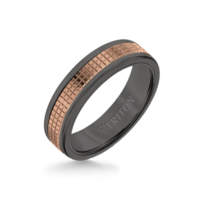 halo engagement rings -6MM Black Tungsten Carbide Ring – Cubed 14K Rose Gold Insert with Round Edge