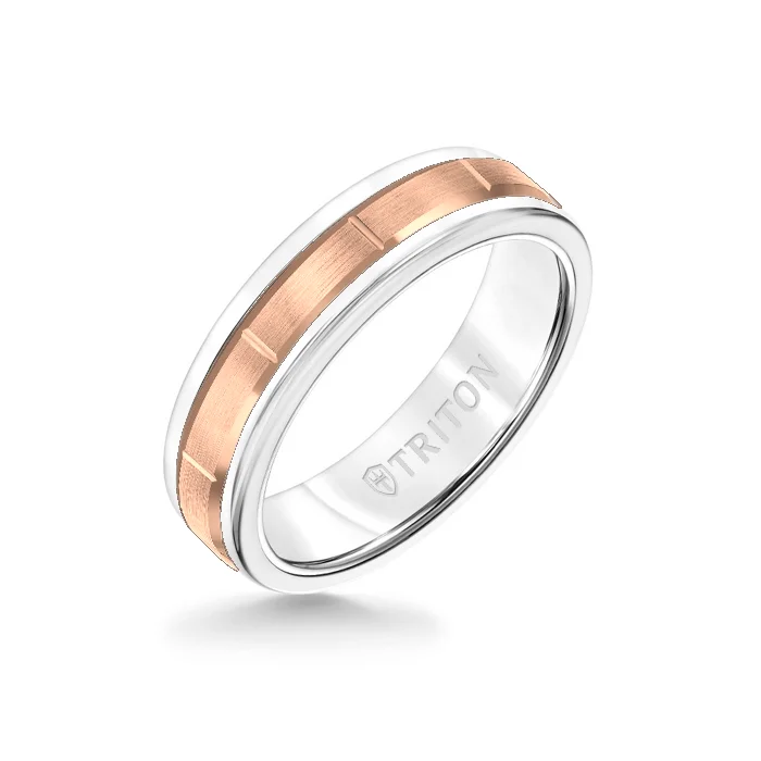 stackable rings for women -6MM White Tungsten Carbide Ring - Vertical Cut 14K Rose Gold insert with Round Edge