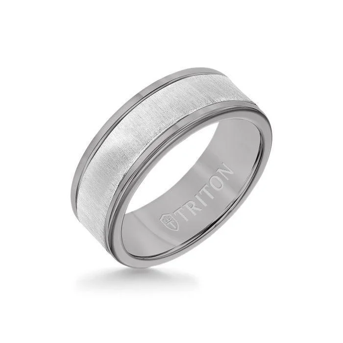 cocktail rings for women -8MM Grey Tungsten Carbide Ring - Vertical Satin 14K White Gold Insert with Round Edge