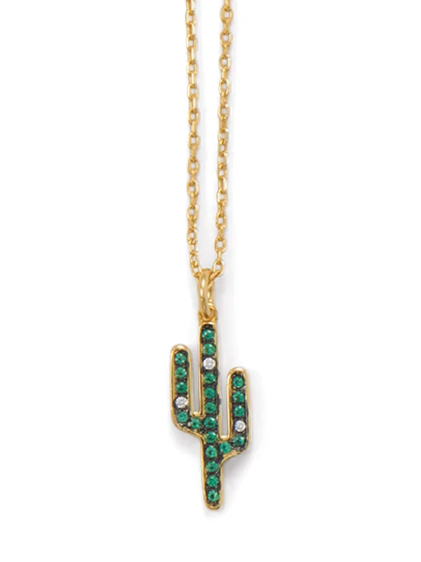 elegant necklaces for women -Saguaro Cactus Necklace with Cubic Zirconia Gold-plated Sterling Silver