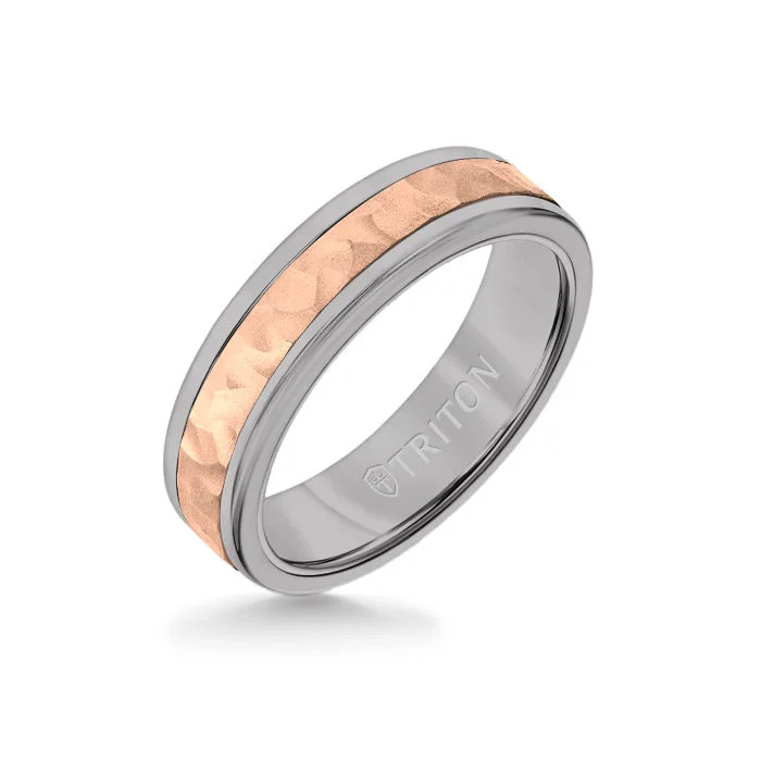 promise rings for women -6MM Grey Tungsten Carbide Ring - Hammered 14K Rose Gold Insert with Round Edge