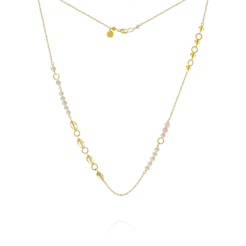 silver chain necklaces for women -Piccolo Mellow 18K Gold Necklace, 43 cm w. Pearl, Quartz & Sapphire