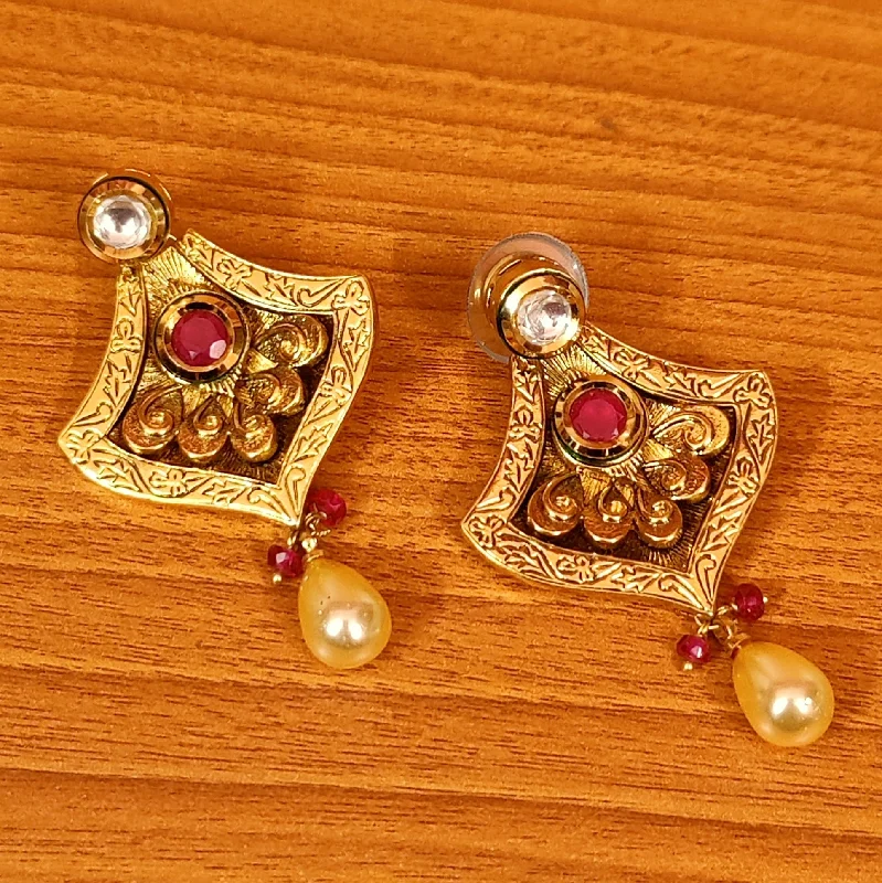 wedding earrings for women -ANTIQUE GOLD LOOK RUBY & PEARL EARRINGS