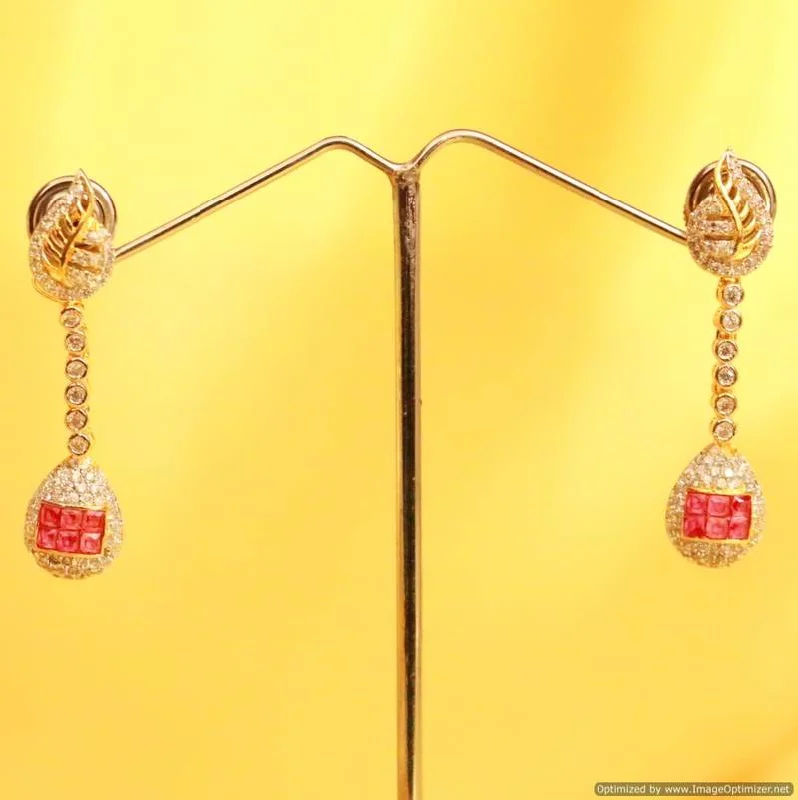 handmade earrings for women -Diamond Look Leaf Pattern Ruby Danglers