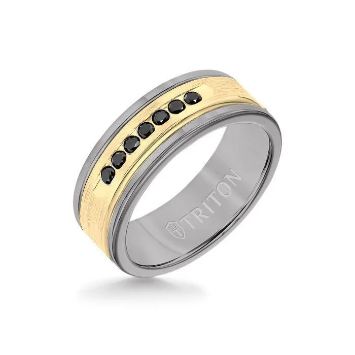 bold rings for women -8MM Grey Tungsten Carbide Ring - Black Diamonds 14K Yellow Gold Insert with Round Edge