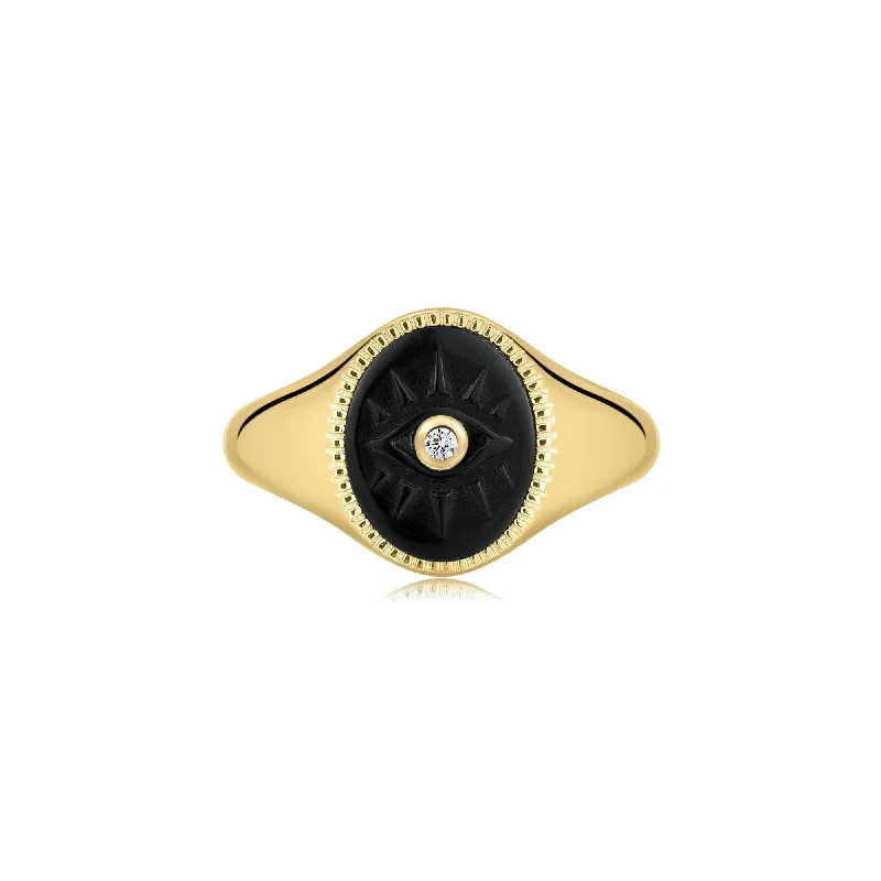 rose gold rings for women -Evil Eye Signet Ring With Black Turquoise & Cz Center Stone