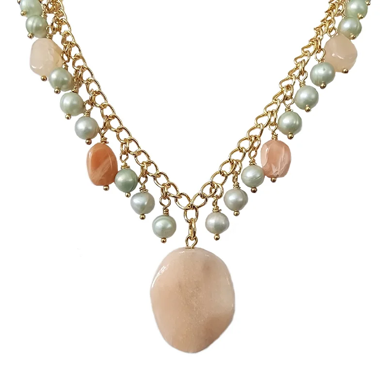 luxury chain necklaces for women -Choker Necklace with Peach Moonstone, Peach Aventurine Pendant and Dyed Green Cultured Freshwater Pearls Gold Tone