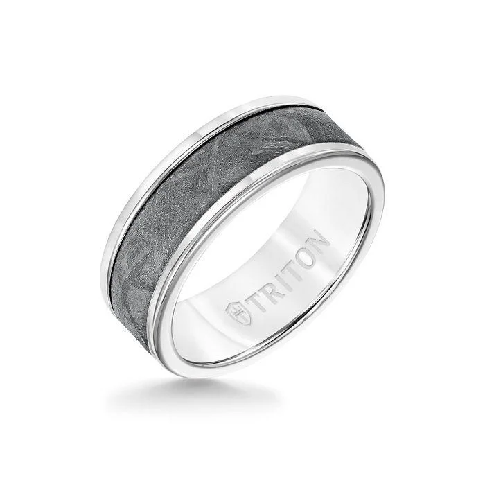 vintage wedding rings -8MM White Tungsten Carbide Ring - Meteorite Insert with Round Edge