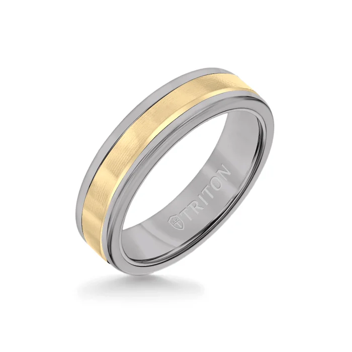 silver rings for women -6MM Grey Tungsten Carbide Ring - Linear 14K Yellow Gold Insert with Round Edge