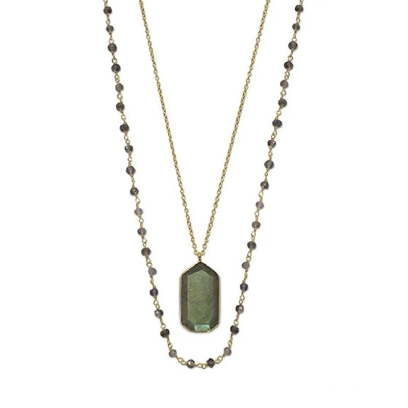 trendy pendant necklaces for women -Iolite Bead and Labradorite Pendant Necklace Gold-plated Sterling Silver